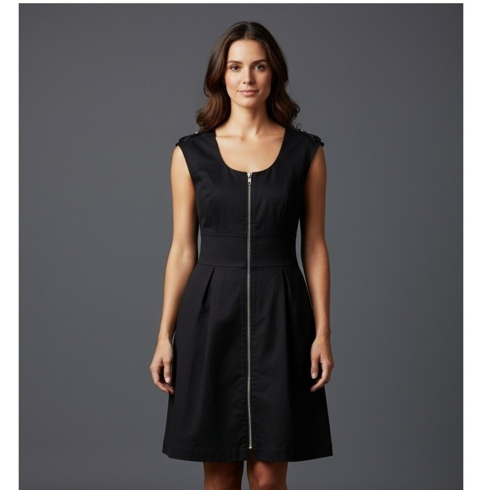Club Monaco Black Wool Blend Zip Front Fit & Flare Dress Cap Sleeve Size 6